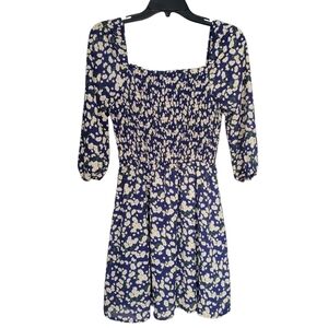 Purple Snow Daisy Print Blue Long Sleeve Smocked Mini Dress - Large
